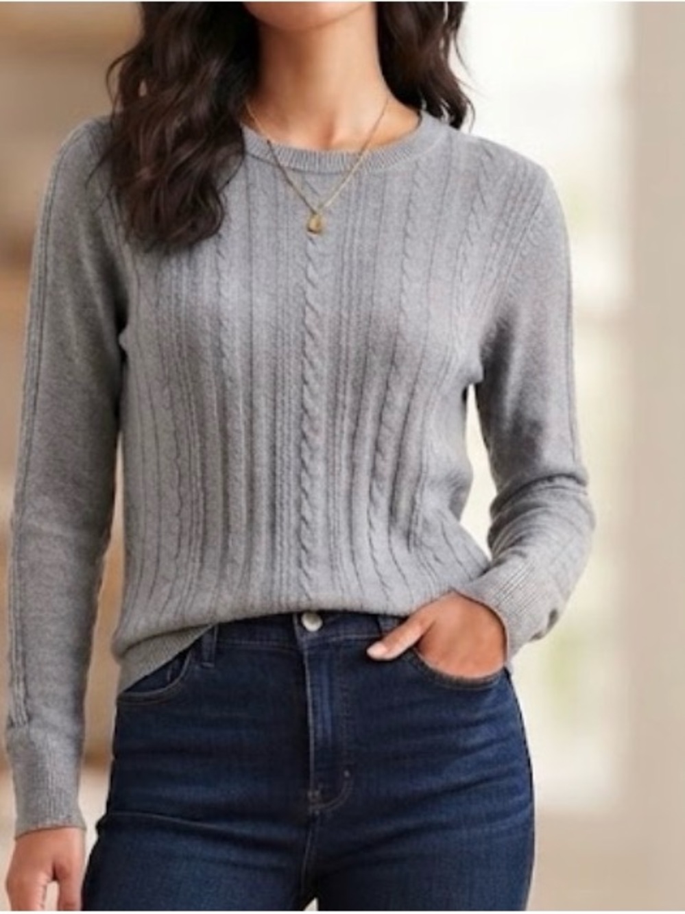 A New Day Gray Cable Knit Crewneck Sweater Size Small Cozy Minimalist Academia